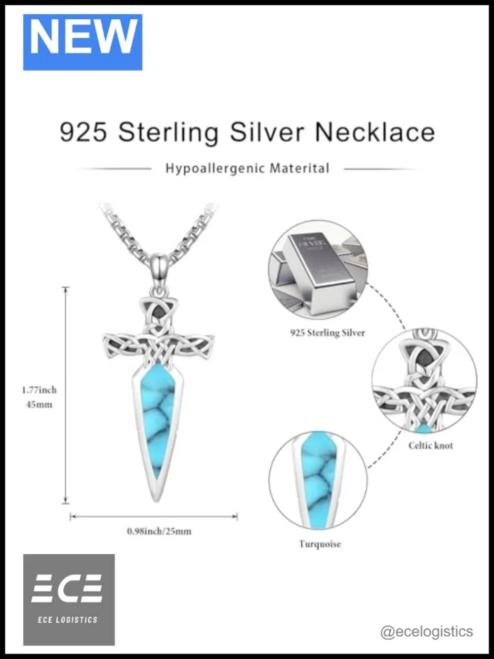 925 Sterling Silver Sword Necklace Turquoise Dagger Pendant Celtic Knot 22+2